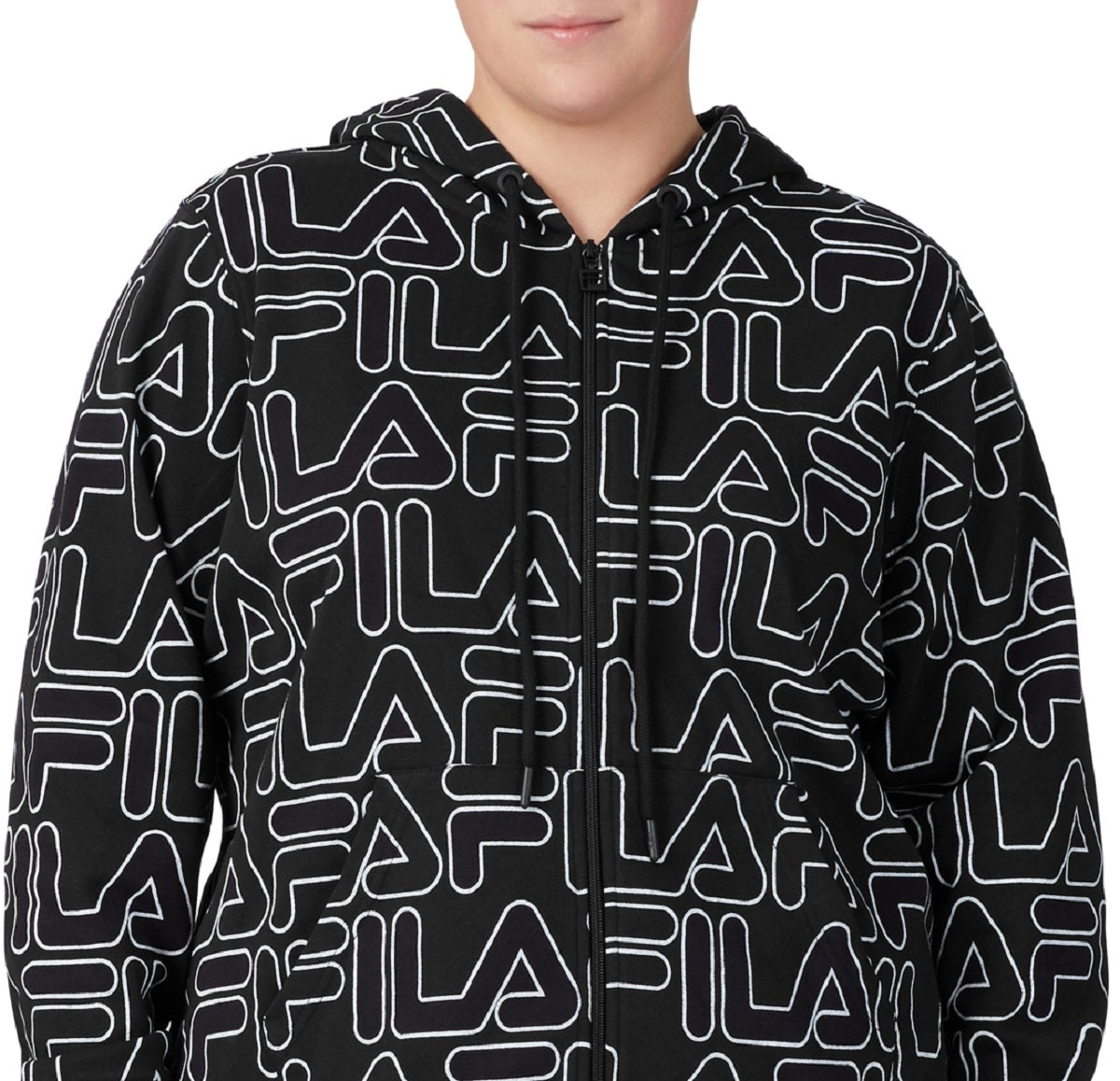 Jaqueta feminina Fila com capuz e zíper frontal estampada, preta, tamanho 3X
