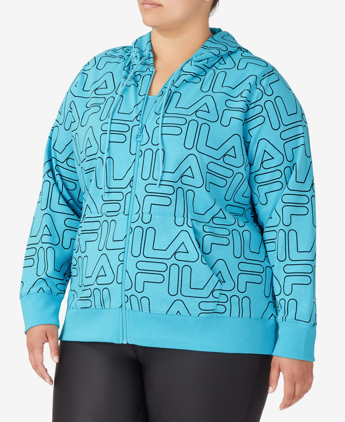 Jaqueta com capuz e zíper frontal estampada Fila feminina, azul, tamanho 3X