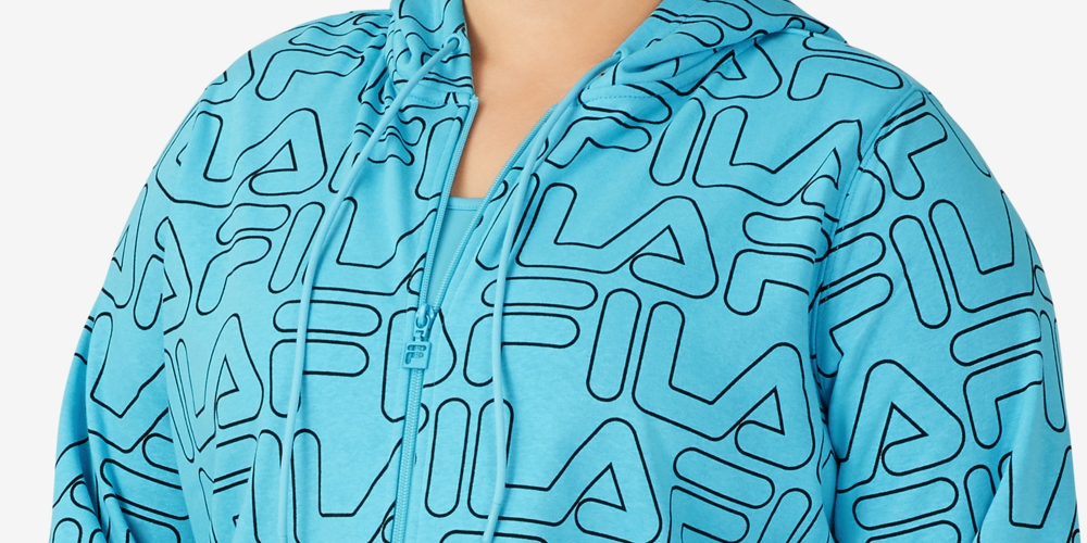 Jaqueta com capuz e zíper frontal estampada Fila feminina, azul, tamanho 3X