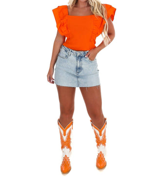 Day + Moon - Ribbed Ruffle Square Neck Top