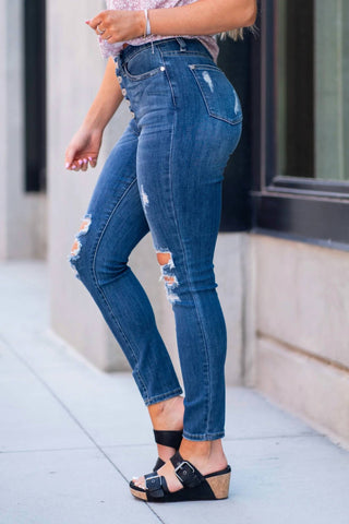 Judy Blue - Calça jeans skinny desgastada com botões e cintura alta