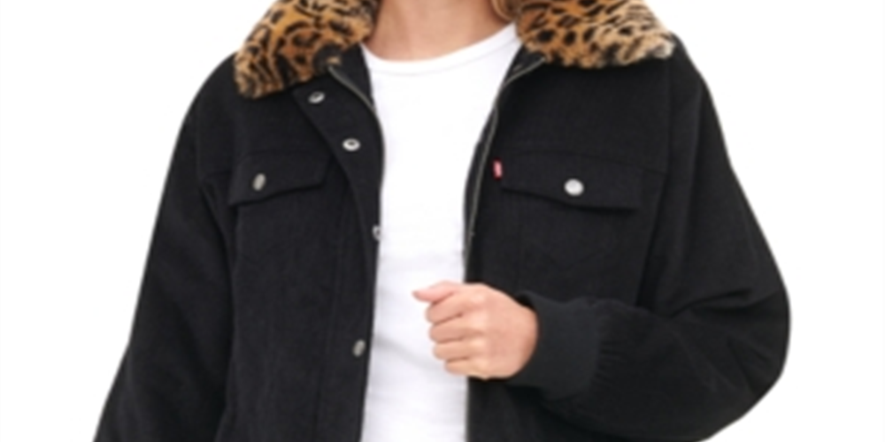 Jaqueta bomber estilo caminhoneiro Levi's feminina com gola de pele sintética e veludo cotelê, preta, tamanho extragrande