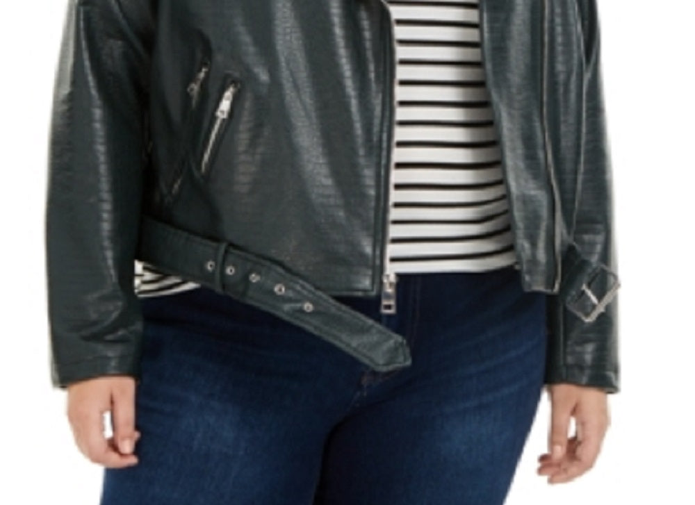 Jaqueta de motociclista Levi's Trendy de couro sintético com cinto, verde, tamanho 2X