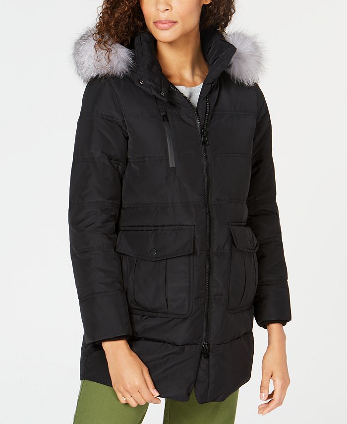 Andrew Marc Feminino Fox Fur Guarnição Capuz Preto Tamanho Médio