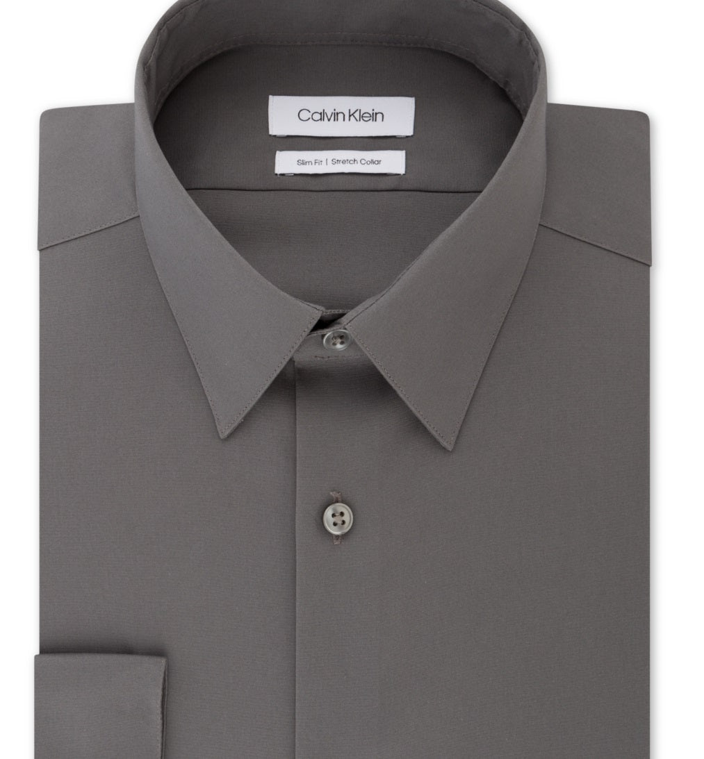 Camisa social masculina Calvin Klein Slim Fit com gola flexível elástica, cinza, tamanho 16,5 x 32 x 33
