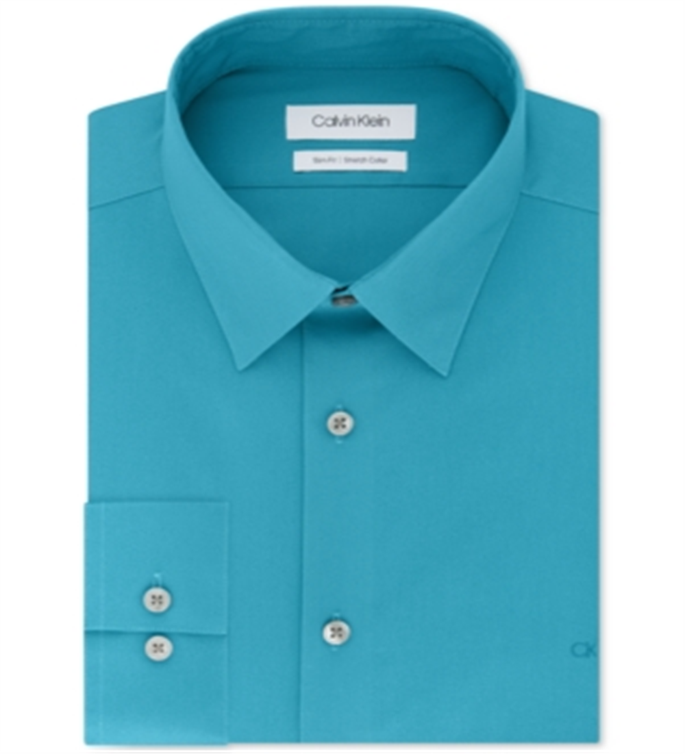 Camisa social masculina Calvin Klein Slim Fit com gola flexível elástica e logotipo sólido, azul, tamanho 16x34-35