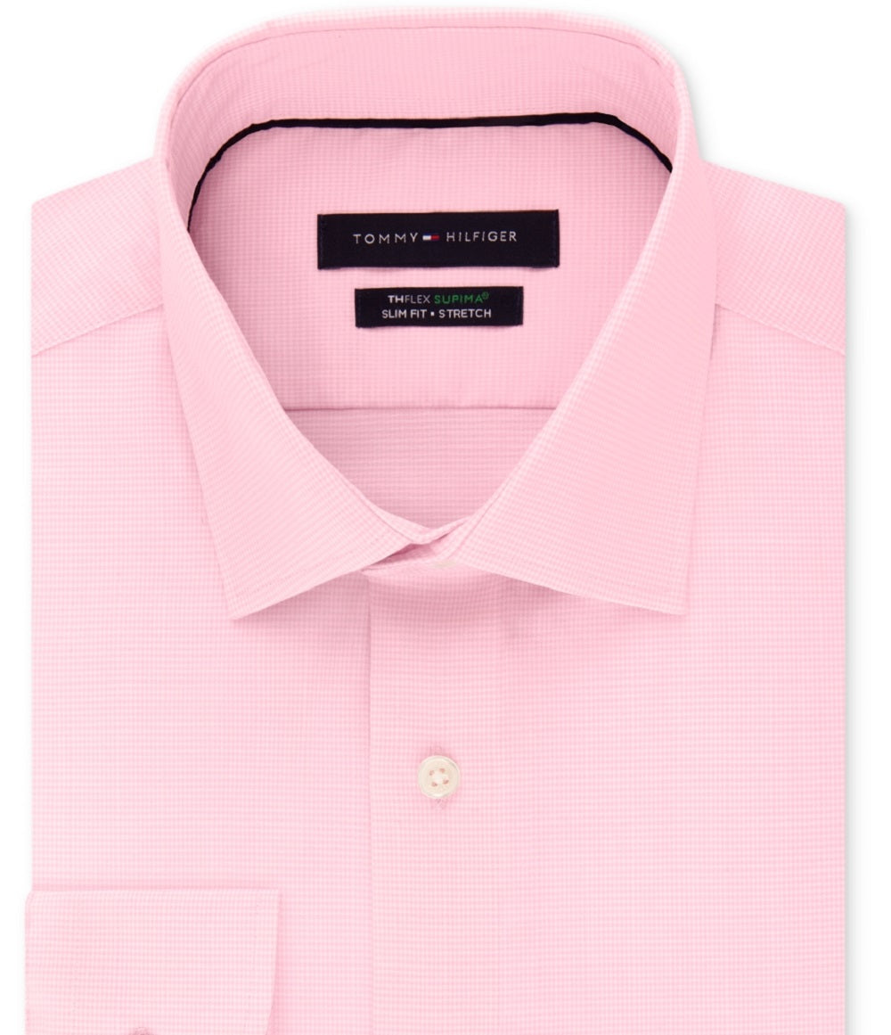 Camisa social masculina Tommy Hilfiger Supima Cotton Slim Fit, não passável, rosa, tamanho 15,5 x 34 x 35