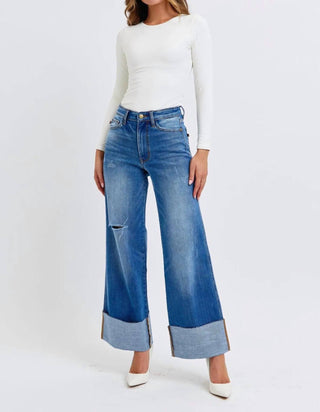 Judy Blue - Calça jeans retrô de perna larga com punho