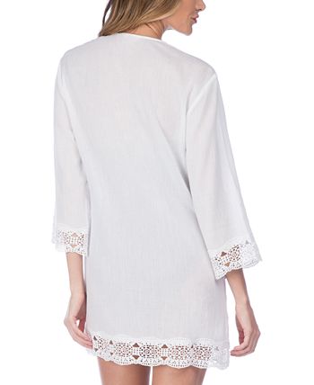 Maiô túnica feminino de algodão com acabamento em crochê La Blanca, tamanho grande, branco