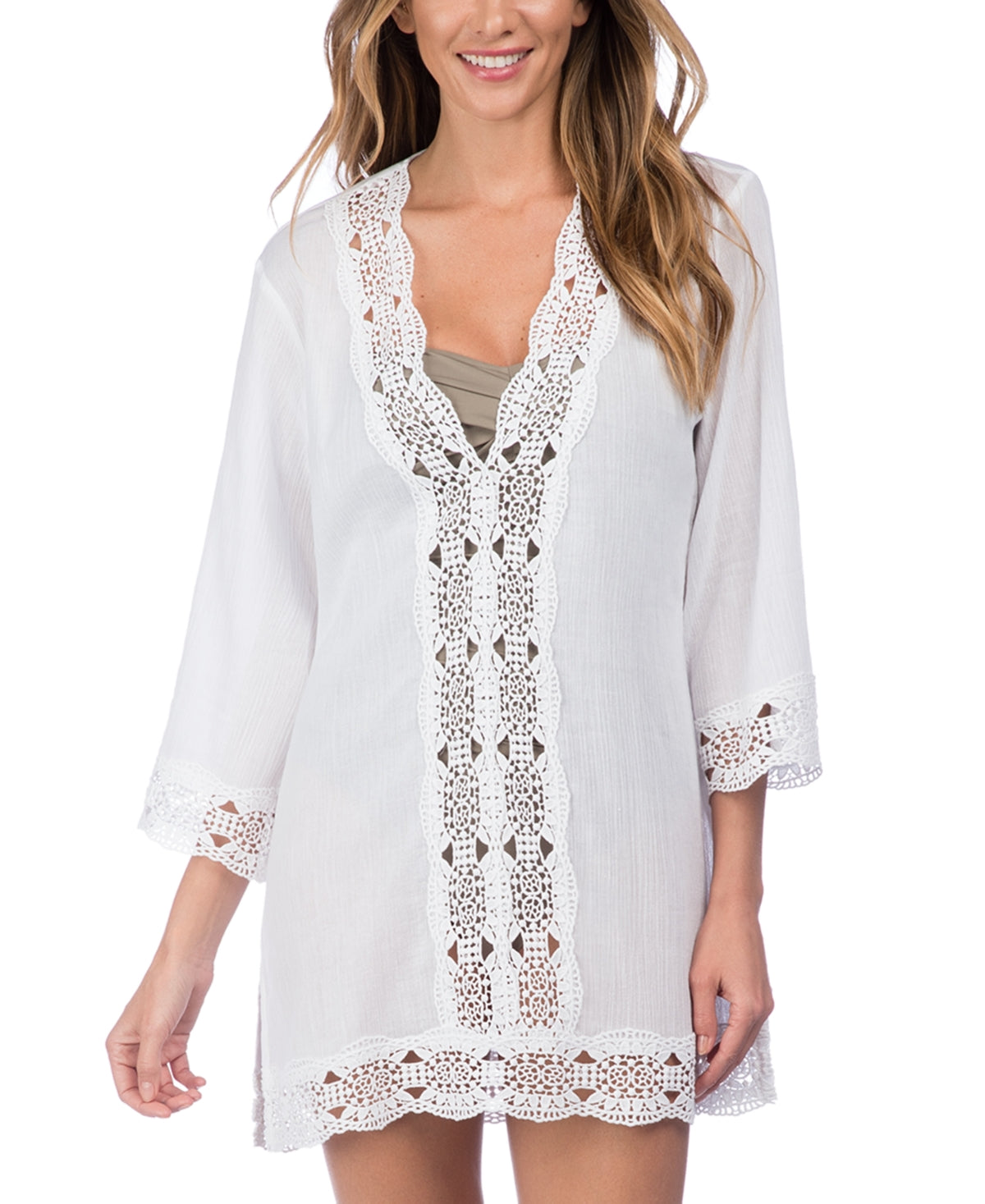 Maiô túnica feminino de algodão com acabamento em crochê La Blanca, tamanho grande, branco