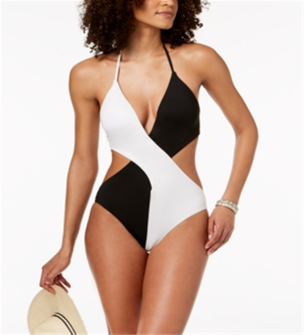 Bar III Maiô Feminino Colorblocked Halter Decote Profundo Uma Peça Cheeky Preto Tamanho Grande