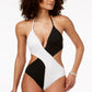 Bar III Maiô Feminino Colorblocked Halter Decote Profundo Uma Peça Cheeky Preto Tamanho Grande