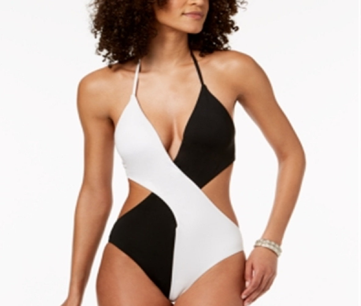 Bar III Maiô Feminino Colorblocked Halter Decote Profundo Uma Peça Cheeky Preto Tamanho Grande