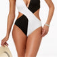 Bar III Maiô Feminino Colorblocked Halter Decote Profundo Uma Peça Cheeky Preto Tamanho Grande