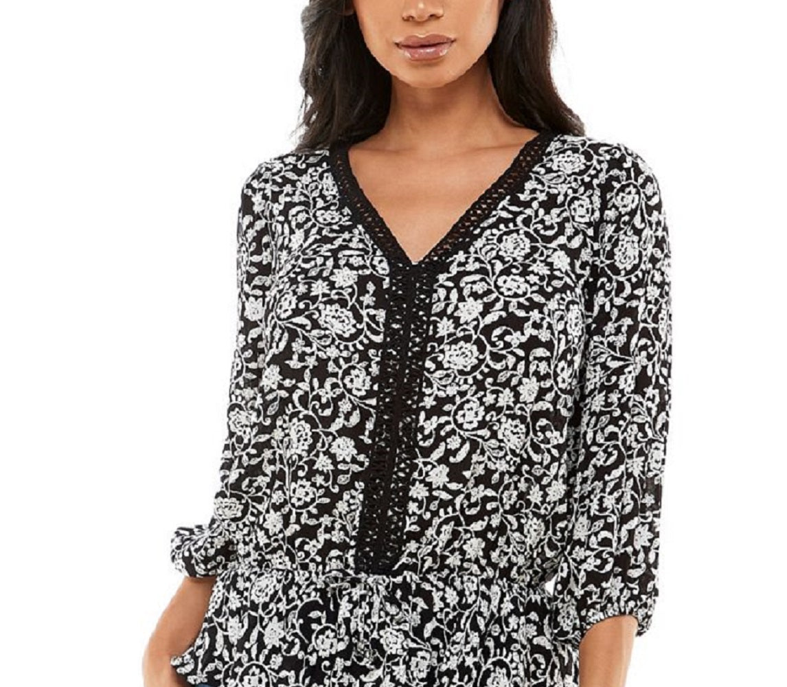 Top peplum feminino Adrienne Vittadini com manga 3/4, preto, tamanho grande