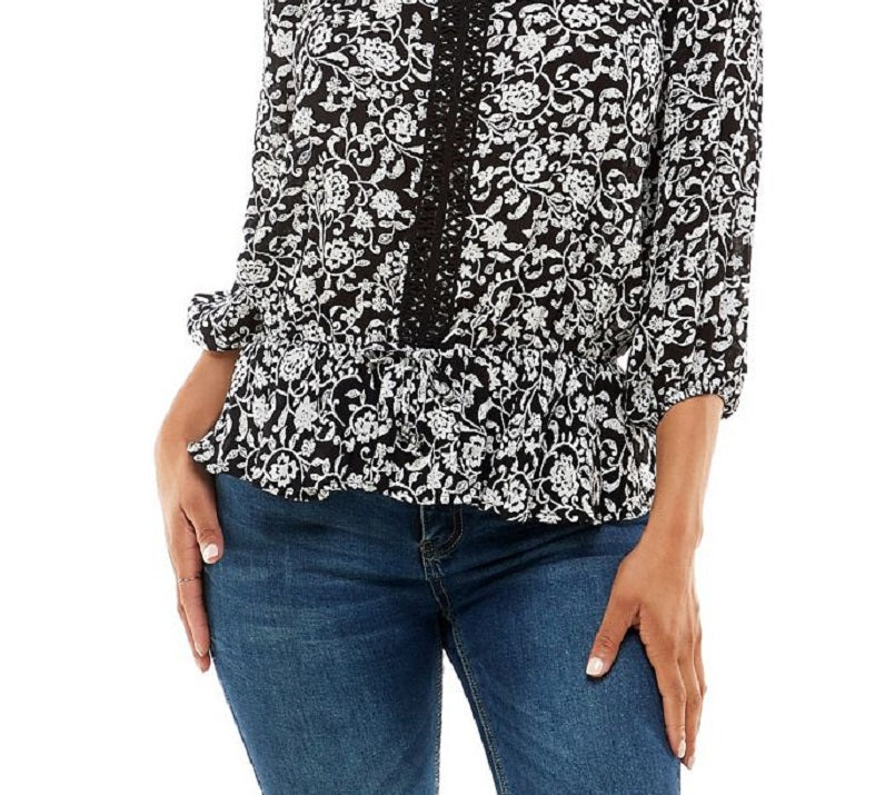 Top peplum feminino Adrienne Vittadini com manga 3/4, preto, tamanho grande