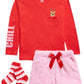 Conjunto de pijama Max &amp; Olivia Big Girl com 3 peças, blusa de rena, shorts e meias de pele sintética, vermelho, tamanho pequeno