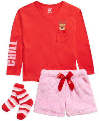 Conjunto de pijama Max &amp; Olivia Big Girl com 3 peças, blusa de rena, shorts e meias de pele sintética, vermelho, tamanho pequeno