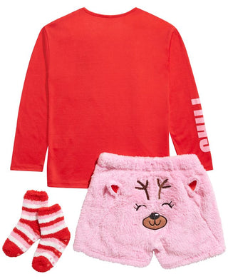 Conjunto de pijama Max &amp; Olivia Big Girl com 3 peças, blusa de rena, shorts e meias de pele sintética, vermelho, tamanho pequeno