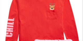 Conjunto de pijama Max &amp; Olivia Big Girl com 3 peças, blusa de rena, shorts e meias de pele sintética, vermelho, tamanho pequeno