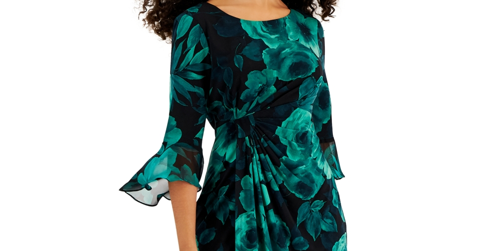 Vestido feminino estampado com manga 3/4 e aba lateral, tamanho 10, verde, pequeno