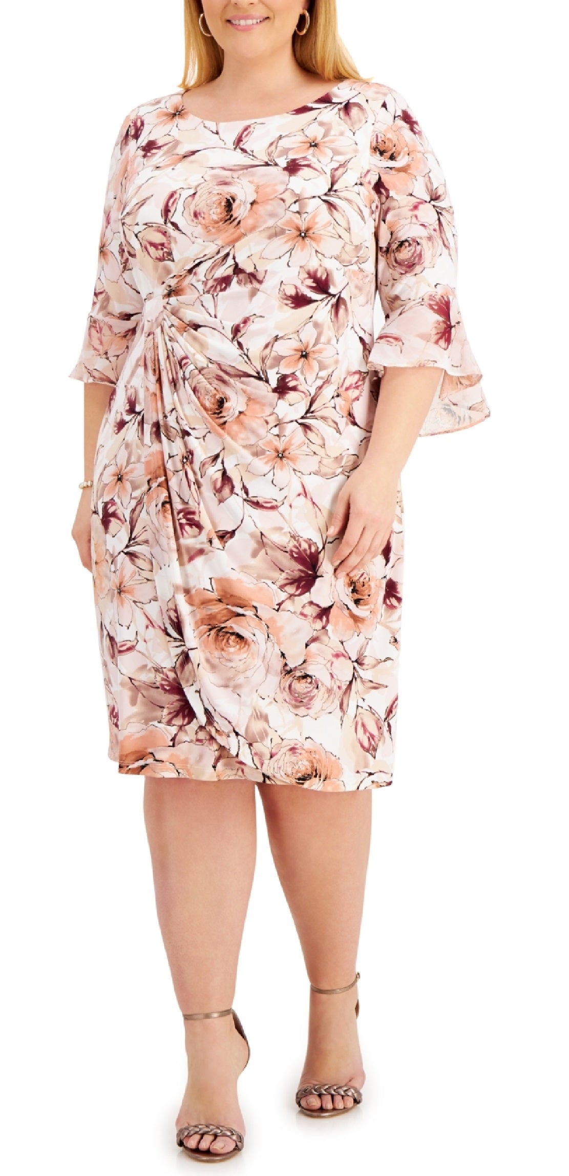 Vestido tubinho feminino Connected com cintura franzida e manga 3/4, marrom, tamanho 14W