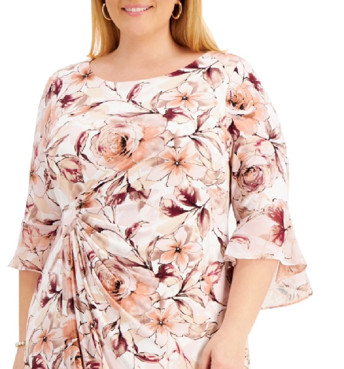 Vestido tubinho feminino Connected com cintura franzida e manga 3/4, marrom, tamanho 14W