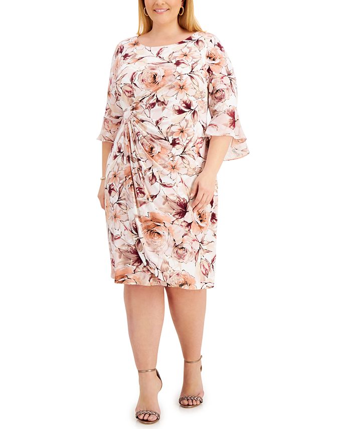 Vestido feminino Connected com cintura franzida e manga 3/4, marrom, tamanho 18W