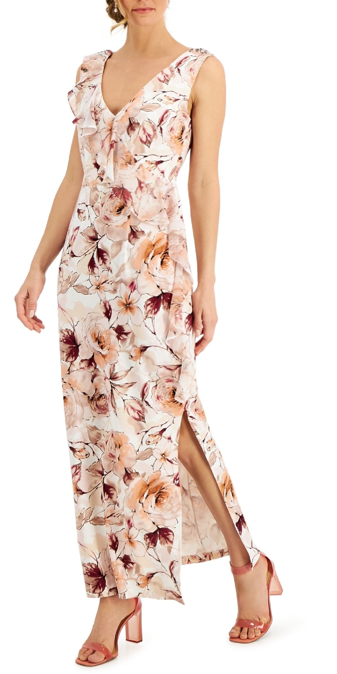 Vestido longo de coquetel feminino Connected, sem mangas, com decote em V, floral, marrom, tamanho 4