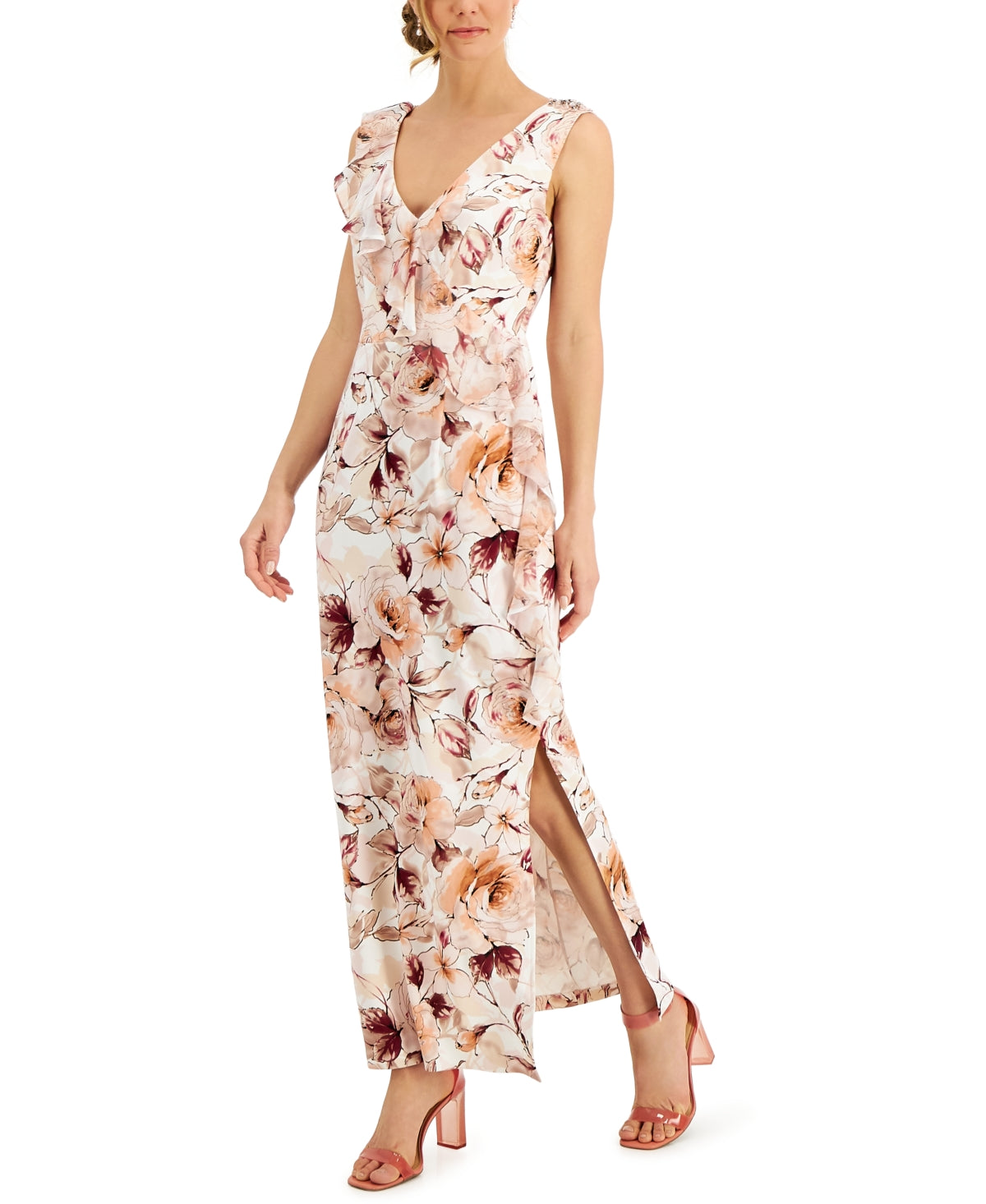 Vestido longo de coquetel feminino Connected, sem mangas, com decote em V, floral, marrom, tamanho 4