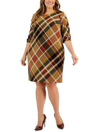 Vestido tubinho feminino Connected com decote redondo e manga 3/4, marrom, tamanho 24W