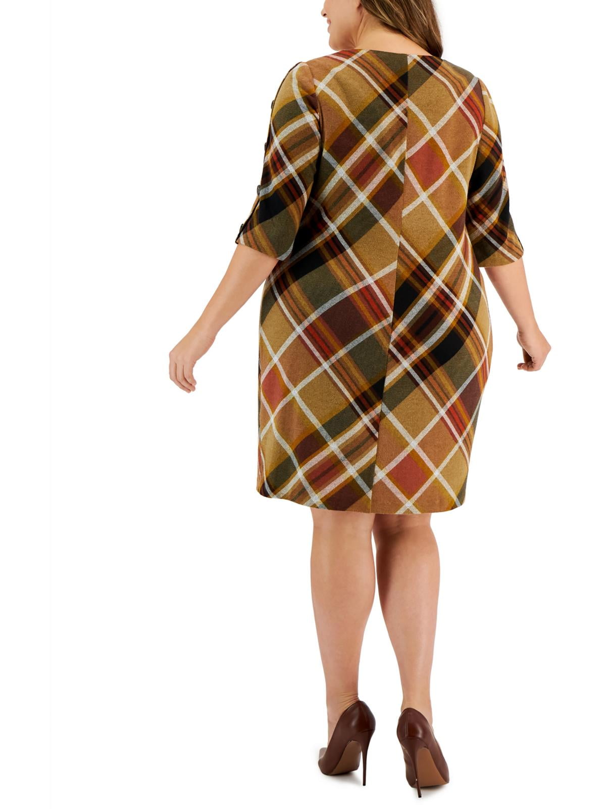 Vestido tubinho feminino Connected com decote redondo e manga 3/4, marrom, tamanho 24W