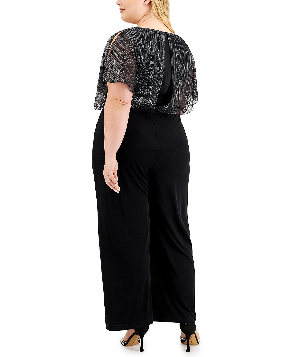 Macacão feminino Connected com mangas esvoaçantes, gola redonda, para uso no trabalho, perna larga, preto, tamanho 16W