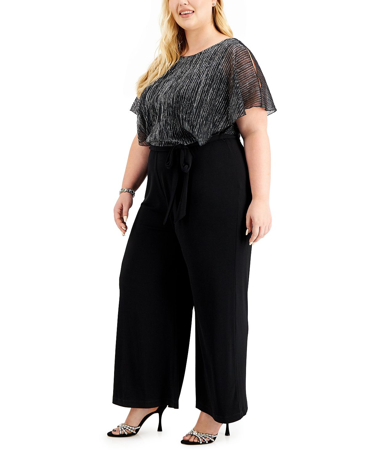 Macacão feminino Connected com mangas esvoaçantes, gola redonda, para uso no trabalho, perna larga, preto, tamanho 16W