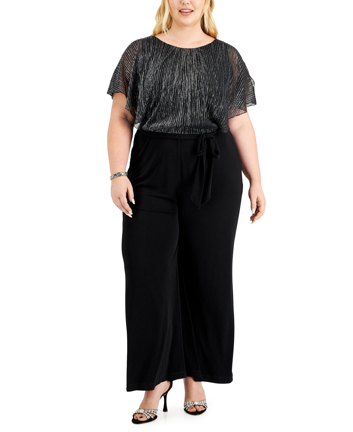 Macacão feminino Connected com mangas esvoaçantes, gola redonda, para uso no trabalho, perna larga, preto, tamanho 16W
