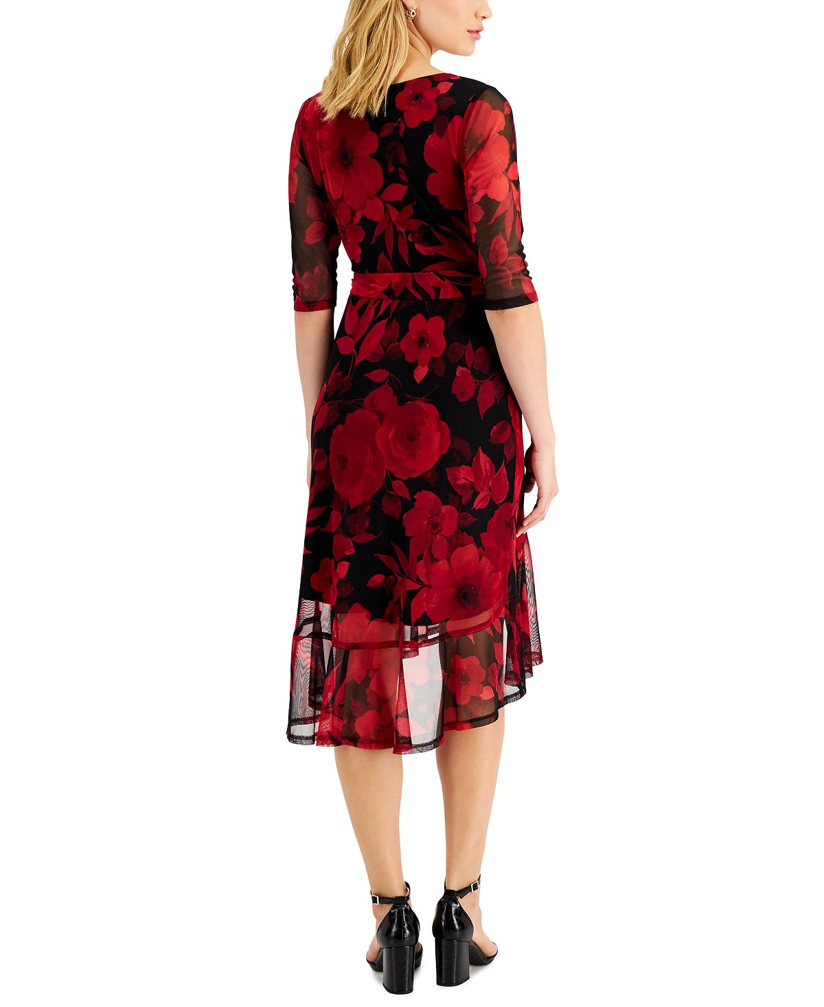 Vestido envelope falso com estampa floral feminino conectado, vermelho, tamanho 4, pequeno