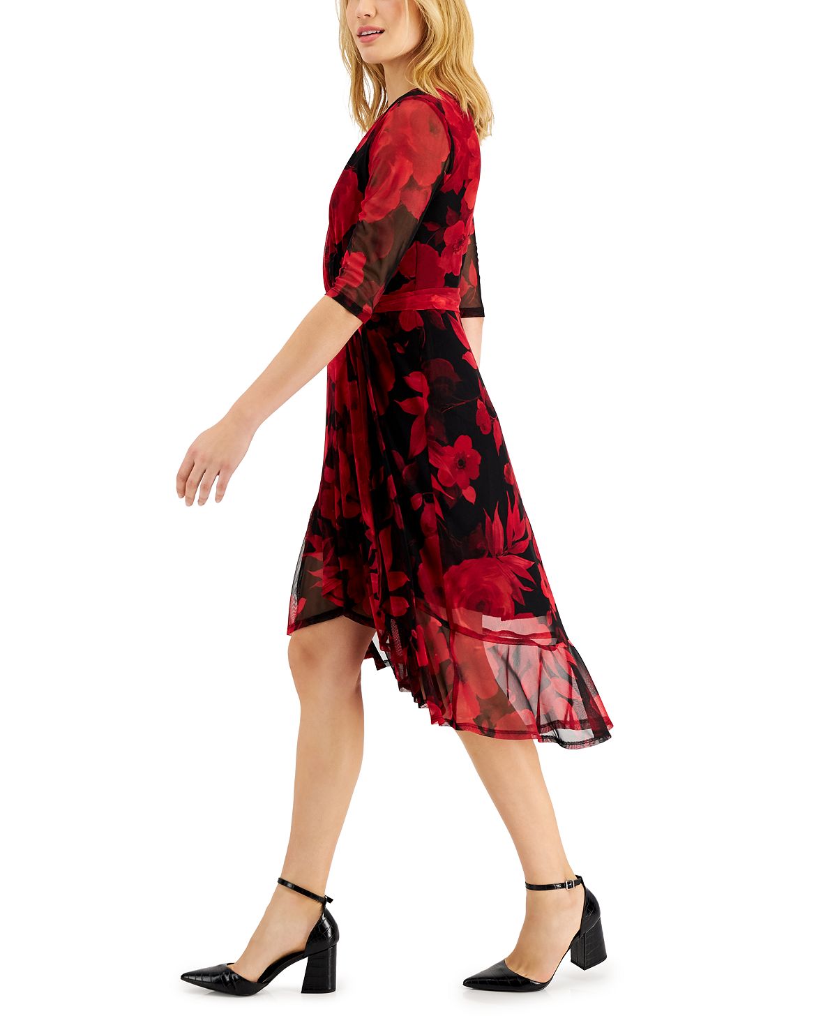 Vestido envelope falso com estampa floral feminino conectado, vermelho, tamanho 4, pequeno