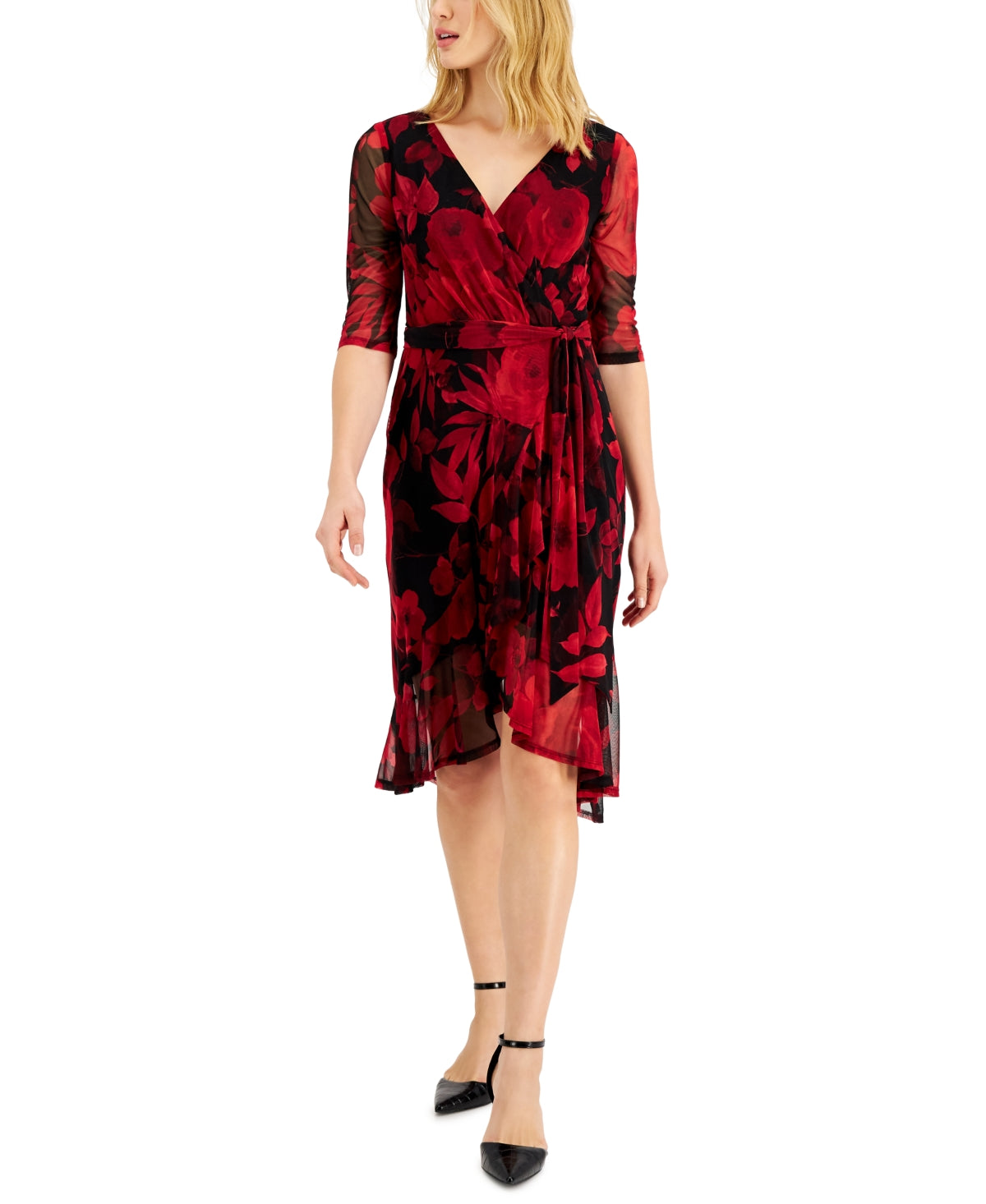 Vestido envelope falso com estampa floral feminino conectado, vermelho, tamanho 4, pequeno