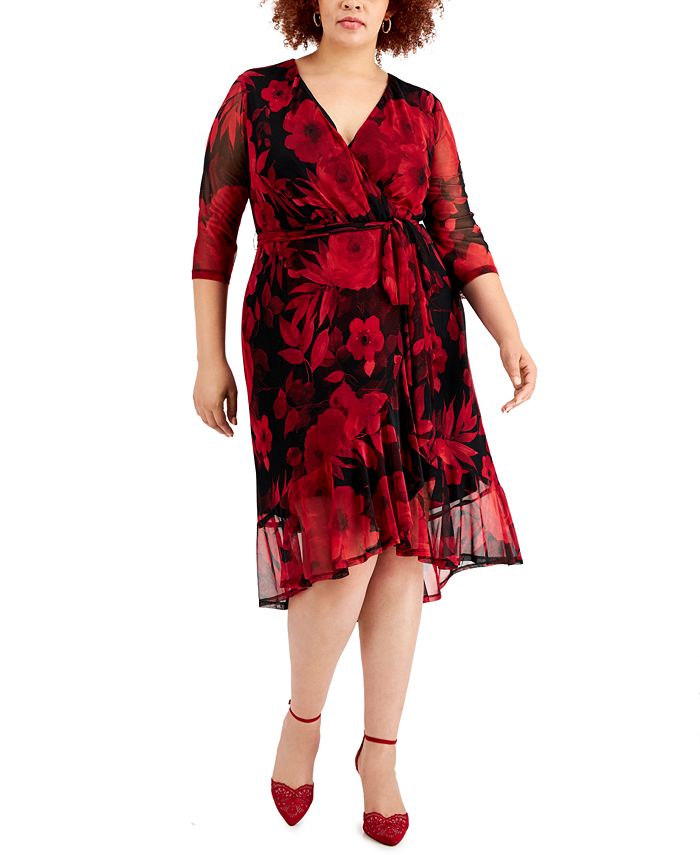 Vestido envelope falso com estampa floral feminino conectado, vermelho, tamanho 18W