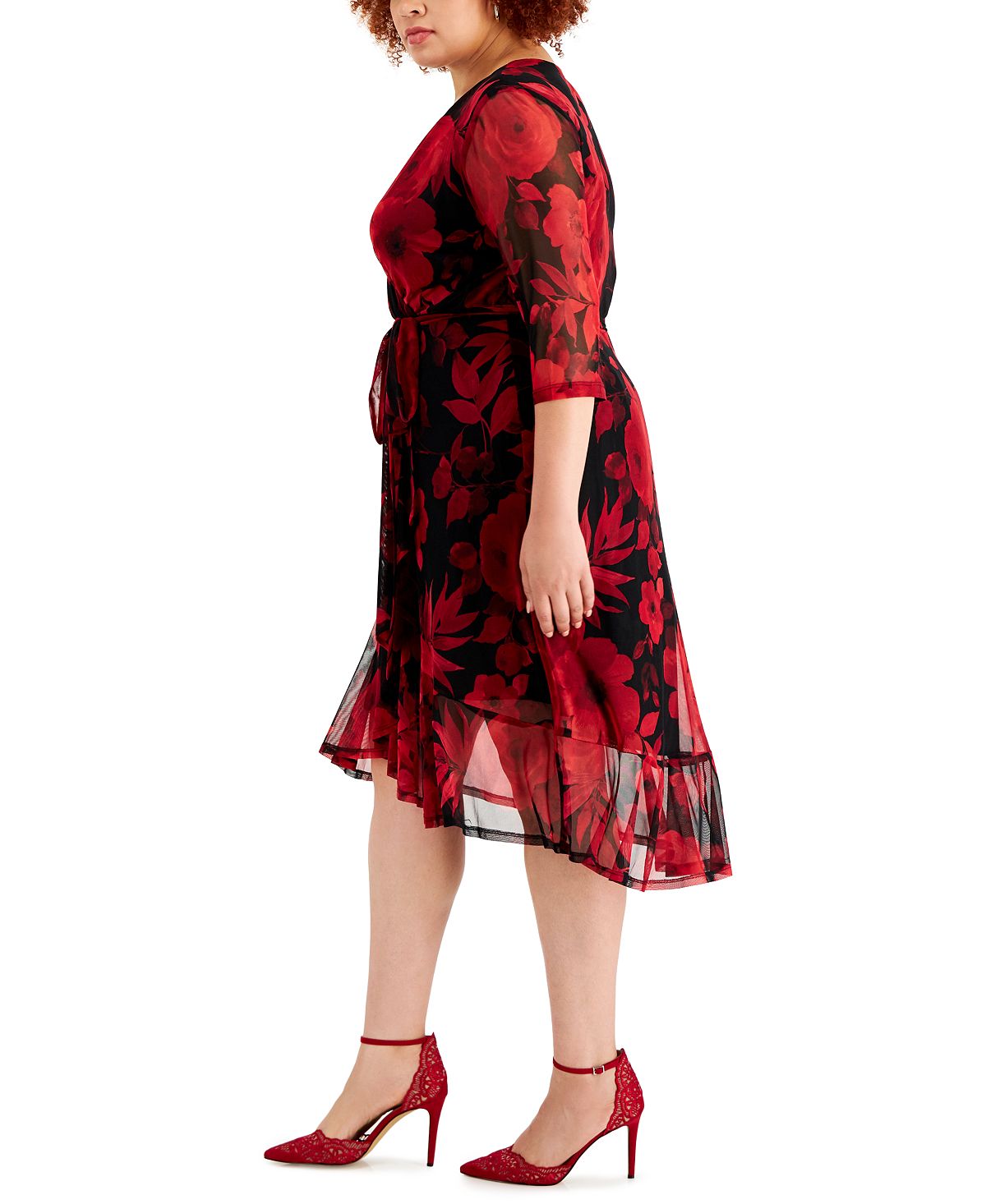 Vestido envelope falso com estampa floral feminino conectado, vermelho, tamanho 18W