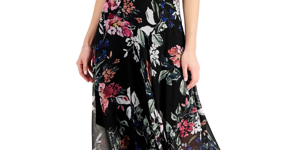 Vestido feminino com estampa floral em chiffon conectado, preto, tamanho 6