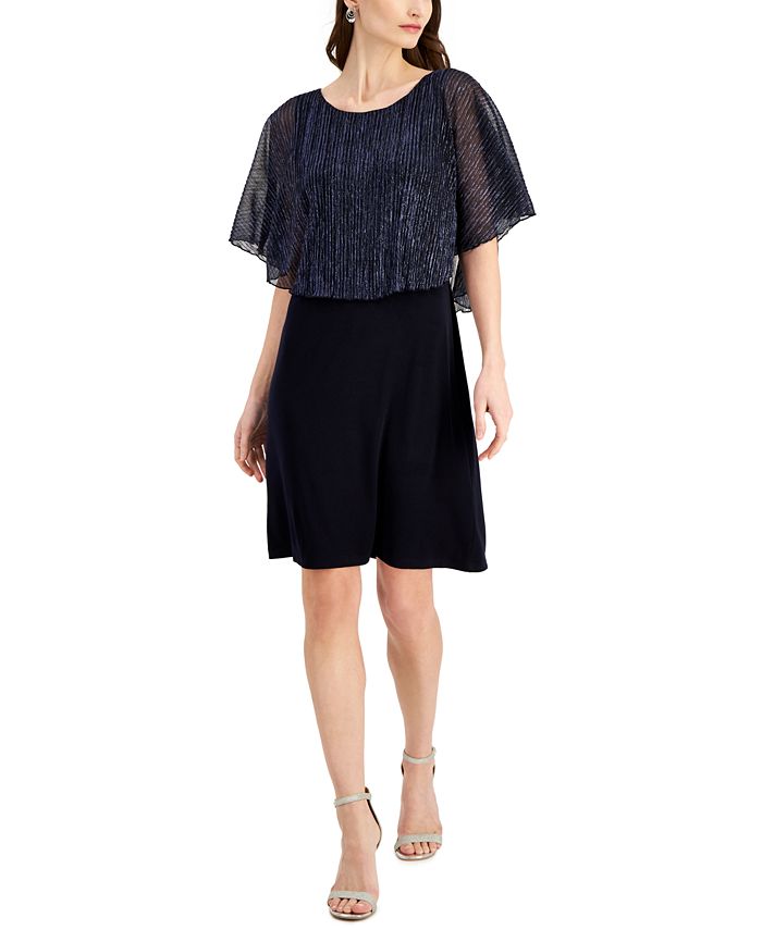 Vestido de capa metálico com fios feminino conectado, azul, tamanho 12, pequeno