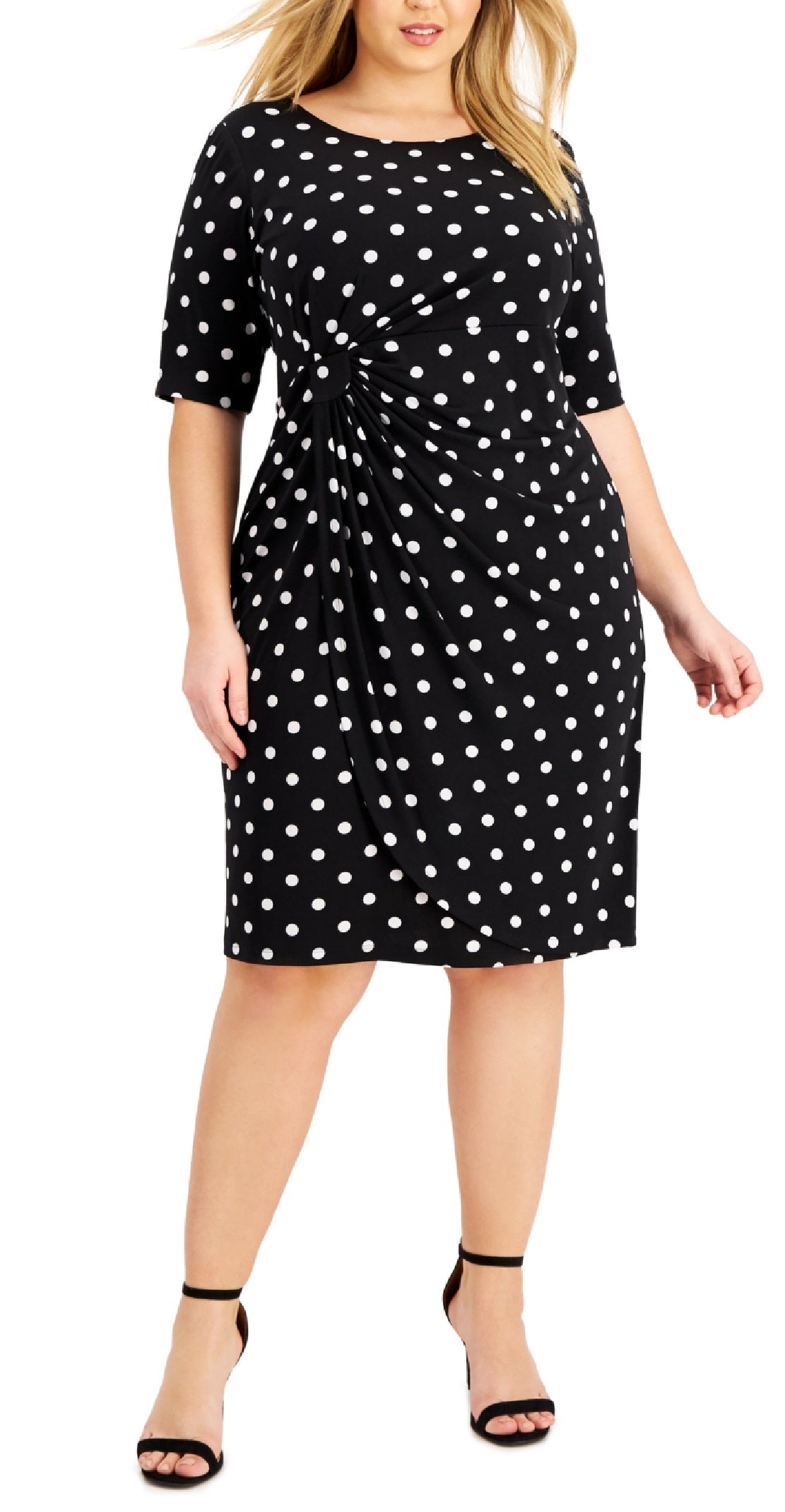 Vestido tubinho com estampa de bolinhas e aba lateral Connected Feminino, preto, tamanho 22W