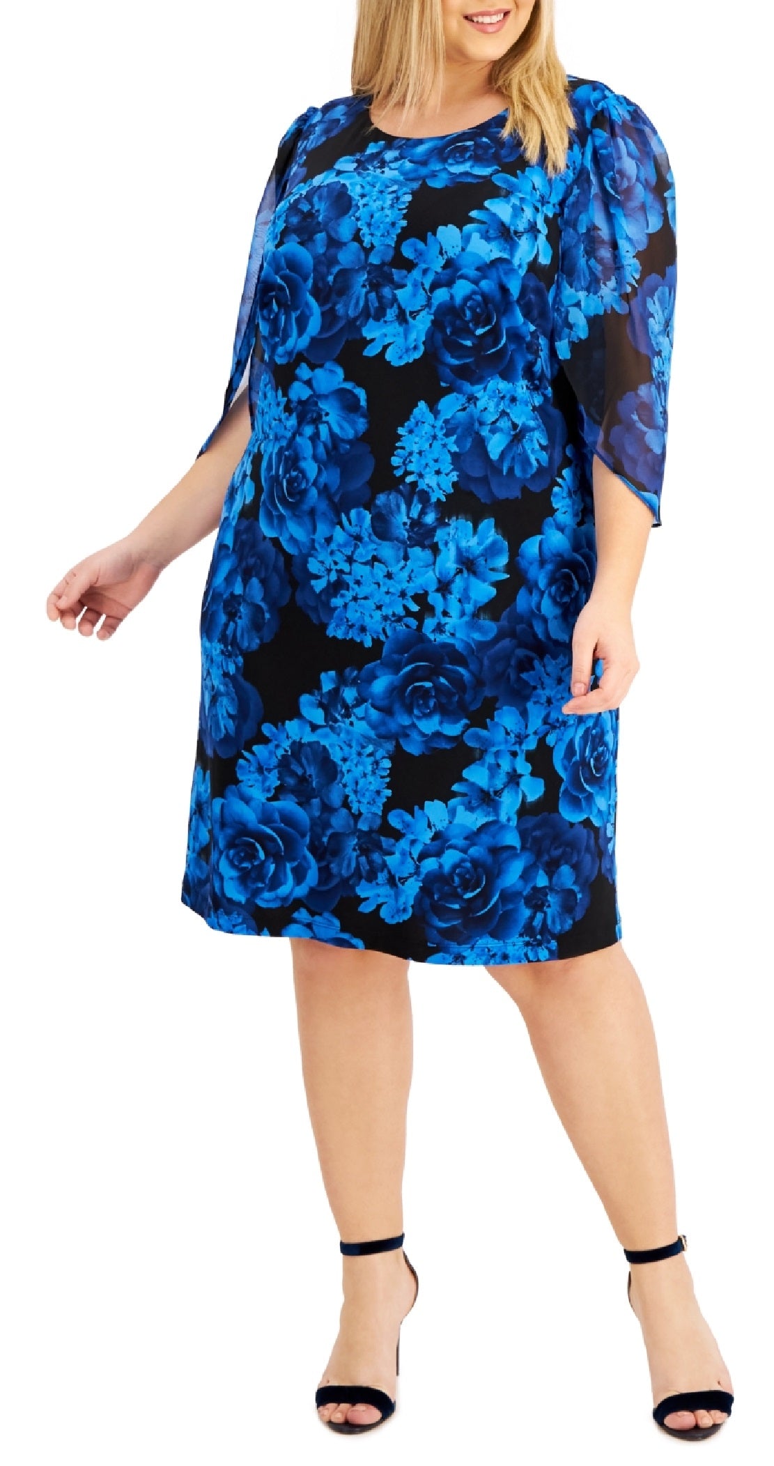 Vestido feminino estampado com manga transparente e estampado, azul, tamanho 16W