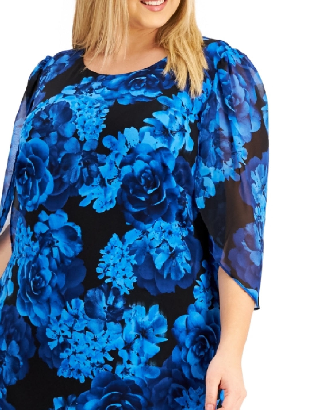 Vestido feminino estampado com manga transparente e estampado, azul, tamanho 16W