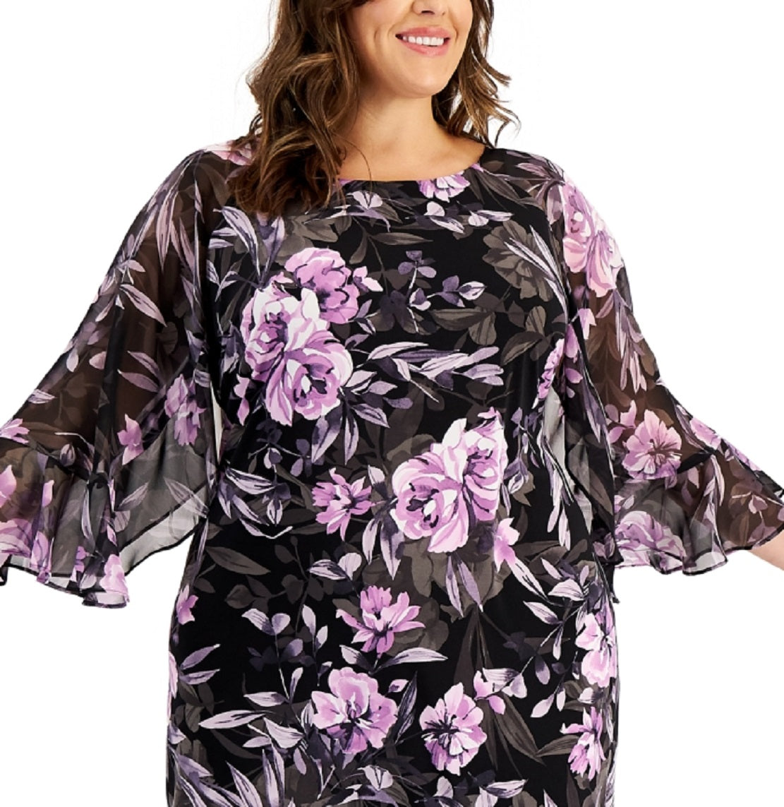 Vestido tubinho de chiffon com mangas curtas feminino conectado, roxo, tamanho 14W
