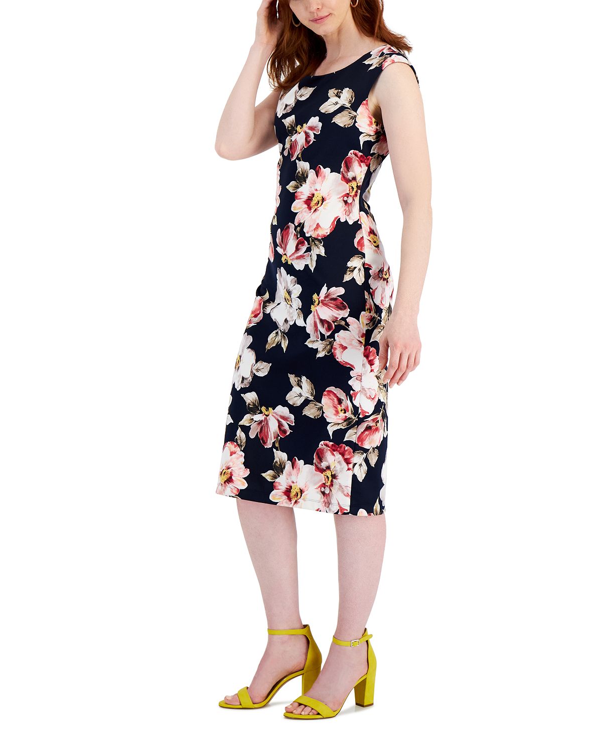 Vestido midi feminino com estampa floral azul, tamanho 16