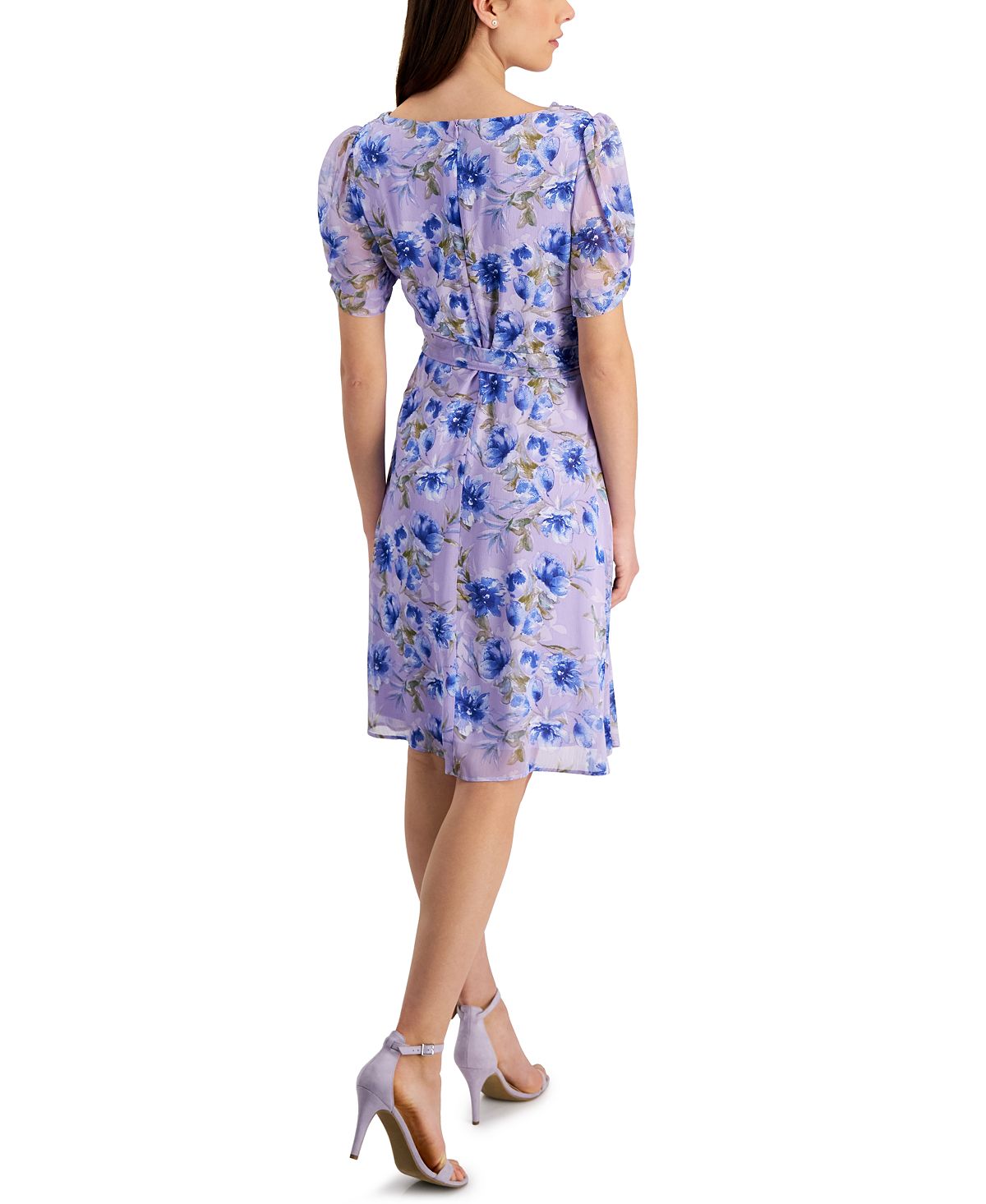 Vestido feminino Connected com estampa de chiffon, manga torcida, ajuste e flare, roxo, tamanho 6