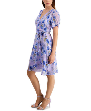 Vestido feminino Connected com estampa de chiffon, manga torcida, ajuste e flare, roxo, tamanho 6