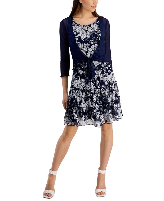 Vestido jaqueta de chiffon estampado feminino Connected, 2 peças, azul, tamanho 6